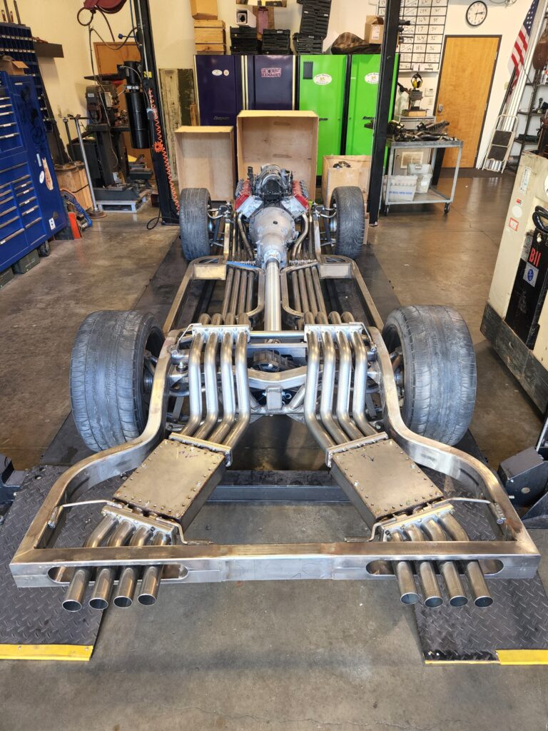 A car frame that is being worked on.